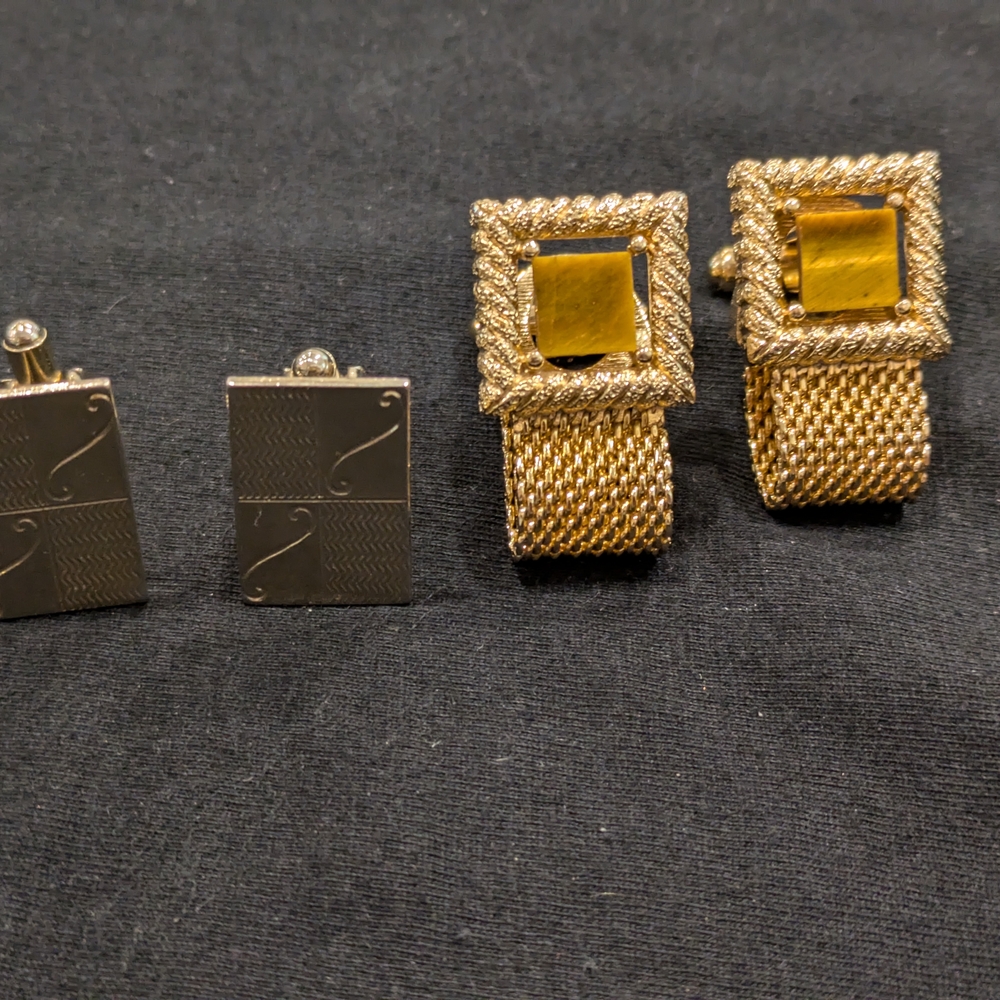 Elegant Gold and Silver Cufflinks Set Of 2 Pairs One With Brown Cabochon